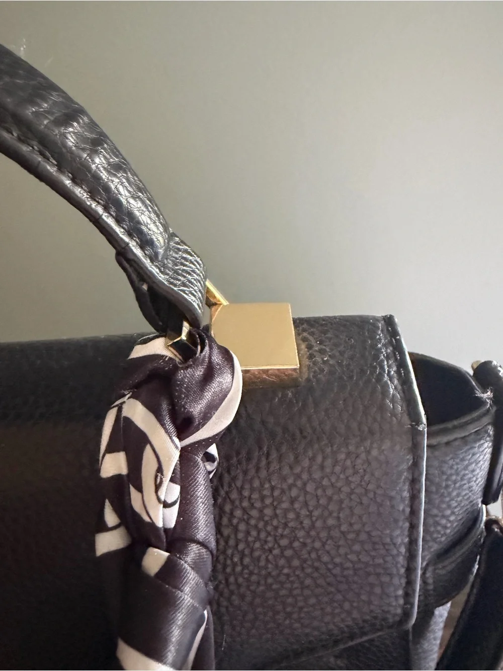Aldo Black Faux Leather Top-Handle Satchel with Scarf Accent & Gold Hardware